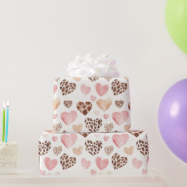 Papel De Presente Corações de Animais do Leopardo Castanho-Rosa-Rosa