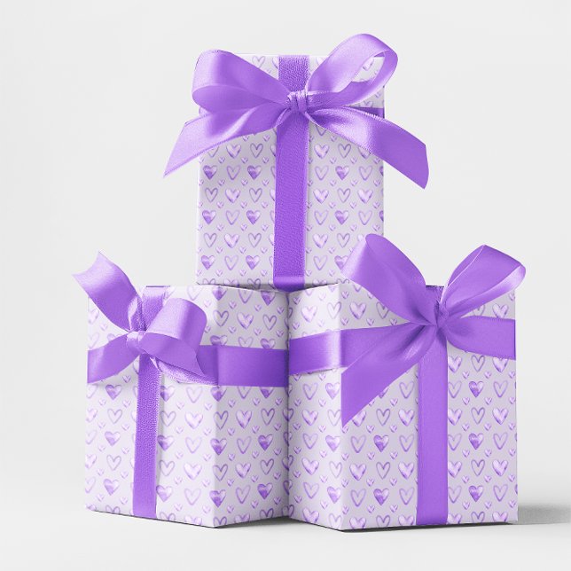 Papel De Presente Corações de Aquarela Puros Pálidos (Pale Purple Watercolor Hearts Wrapping Paper)