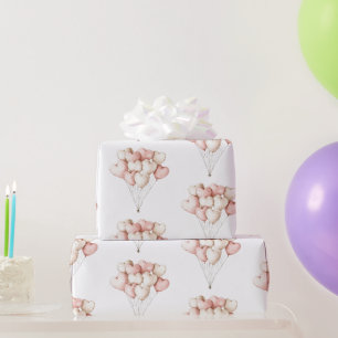 Papel De Presente Corações de Creme Rosa Balões Aniversário  