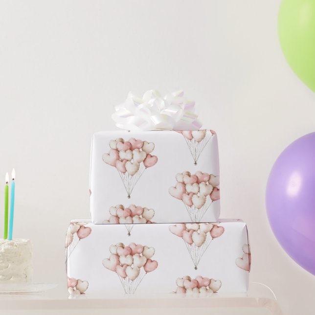 Papel De Presente Corações de Creme Rosa Balões Aniversário   (Presentes para festas)