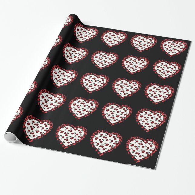 Papel De Presente Corações de Impressão de Leopardo Cerejas Rockabil (Desenrolado)