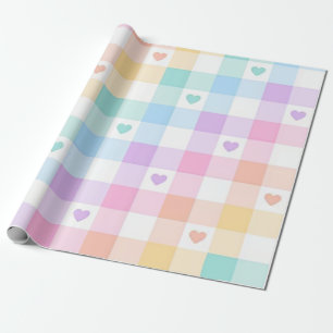 Papel De Presente Corações de Pastel de Xadrezes multicoloridas