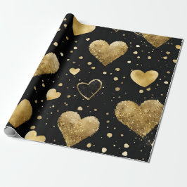 Papel De Presente Corações de São Valentão com tinta preta e dourada