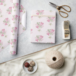 Papel De Presente Corações de São Valentim Balões Cor-de-Rosa e Verd