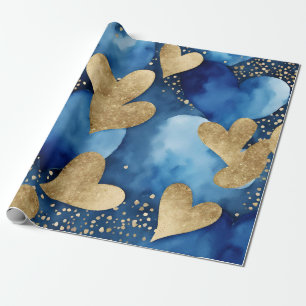 Papel De Presente Corações de São Valentim com Tinta Azul e Dourada 