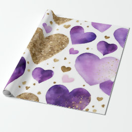 Papel De Presente Corações de São Valentim com Tinta Dourada e Roxa 