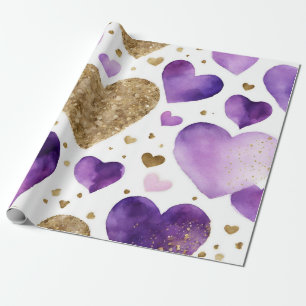Papel De Presente Corações de São Valentim com Tinta Dourada e Roxa