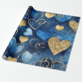 Papel De Presente Corações de São Valentim em Tinta Azul e Dourada A