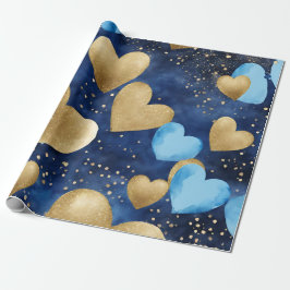 Papel De Presente Corações de São Valentim em Tinta Azul e Dourada A