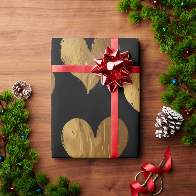 Papel De Presente Corações Dourados (Presente de Natal)