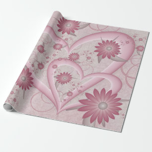 Papel De Presente Corações e Flores Cor-de-Rosa Abstratos Arte Fract