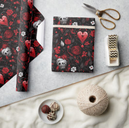 Papel De Presente Corações e Rosas Vermelhas Góticos