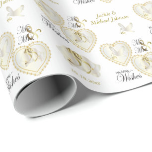 Papel De Presente Corações elegantes do casamento do ouro e da pom