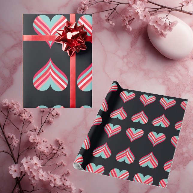 Papel De Presente Corações Elegantes Modernos Minimalistas Listras R (Minimalist Modern Elegant Hearts Romantic Stripes Wrapping Paper)