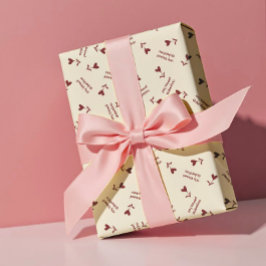 Papel De Presente Corações em Script Borgonha em Creme - Padrão de D