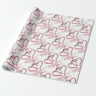 Papel De Presente Corações Eternos Vermelhos sobre Branco