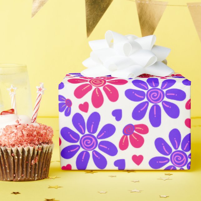 Papel De Presente Corações Florais Glamóricas Rosa e Azul (Festa de aniversário)