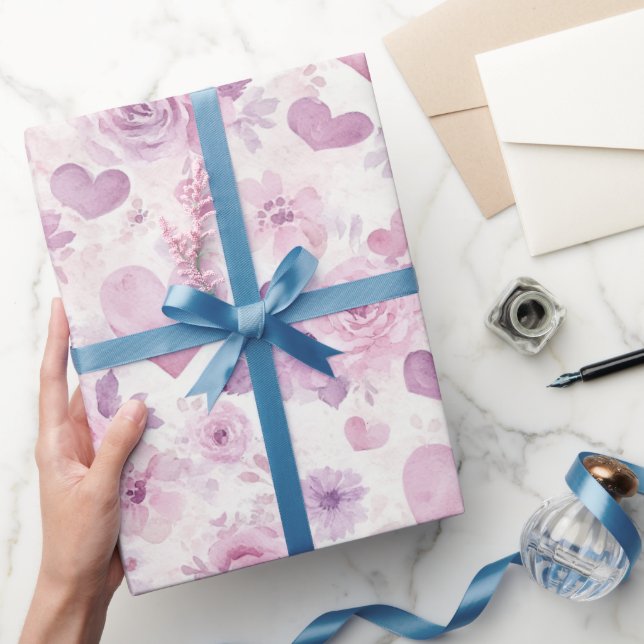 Papel De Presente Corações Flores Roxas Rosa Aniversário (Presentear)