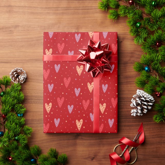 Papel De Presente Corações Fofos e Padrão de Valentim com Pontos (Presente de Natal)
