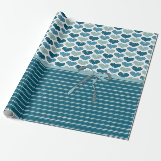 Papel De Presente Corações Fofos Listras e Laço  (Desenrolado)