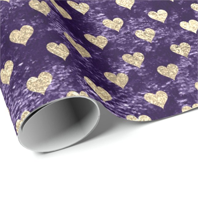 Papel De Presente Corações Foxier Dourado Veludo Violeta Roxo (Ponta do rolo)
