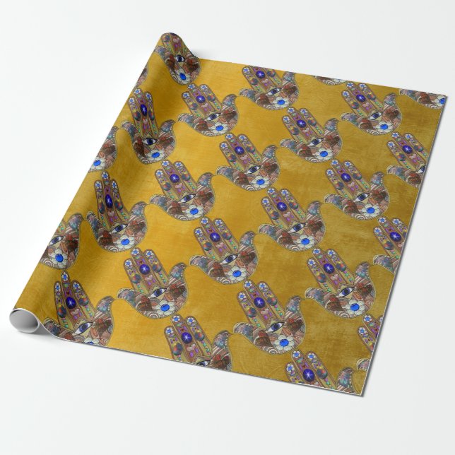 Papel De Presente Corações Hamsa Flores Opala Arte em Ouro (Desenrolado)