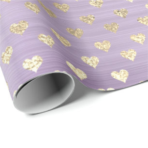 Papel De Presente Corações Lavande Roxo, Dourado Faux