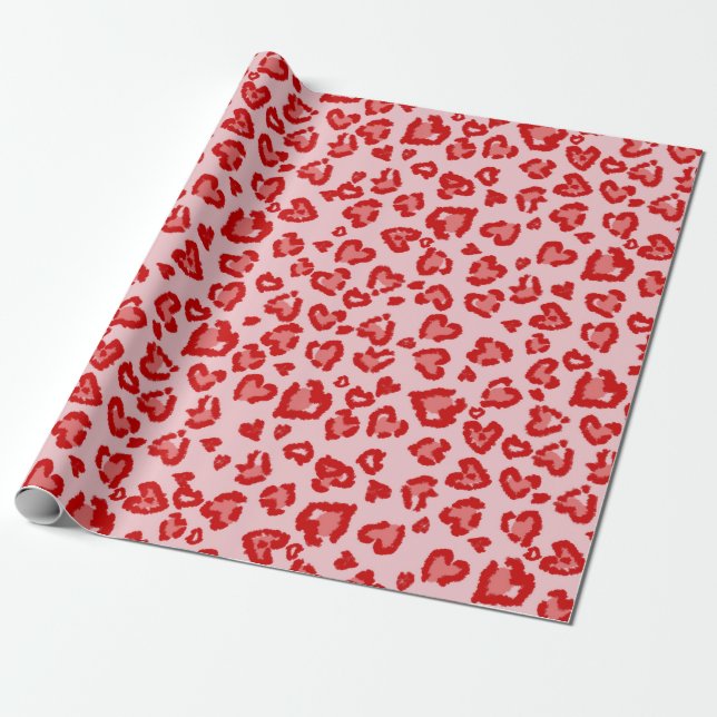 Papel De Presente Corações Padrões Leopardo em Vermelho por Esmagame (Desenrolado)