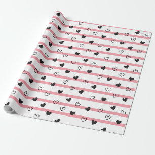 Papel De Presente Corações Pretos e Brancos - Listras Rosa-Chic