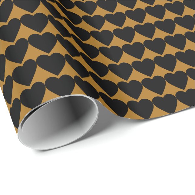 Papel De Presente Corações Pretos em Dourado Fosco (Ponta do rolo)