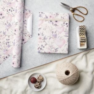 Papel De Presente Corações Rosa Bege Flores Roxas Aniversário