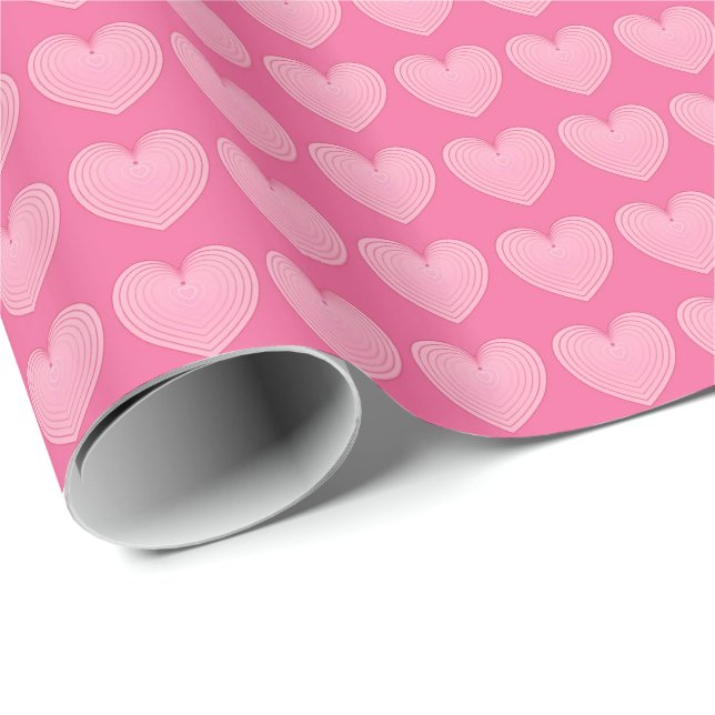 Papel De Presente Corações rosa coral, fundo rosa mais profundo (Ponta do rolo)