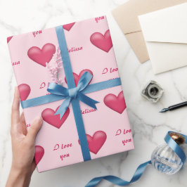 Papel De Presente Corações Rosa e Texto Personalizado de Eu Te Amo C
