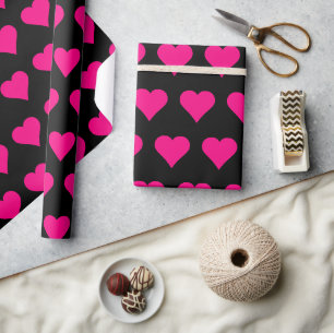 Papel De Presente Corações Rosa em Fundo Negro
