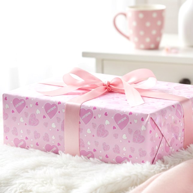 Papel De Presente Corações Rosa Pálido e Nome (Pale pink hearts + your name = the prettiest gift wrap ever.)