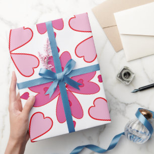 Papel De Presente Corações Rosa, Pedais Flores, Brancos