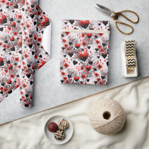 Papel De Presente Corações Vermelho e Negro com Elementos Florais