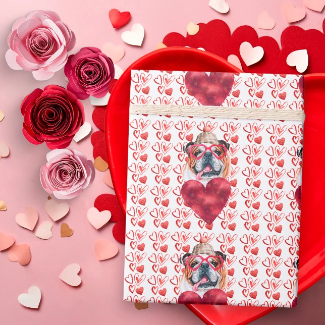 Papel De Presente Corações Vermelhos Buldogue Inglês Amante de Cacho (Criador carregado)