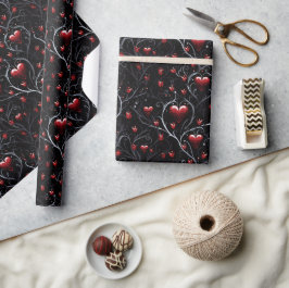 Papel De Presente Corações Vermelhos Cinza Metálico Linhas Finas Gót