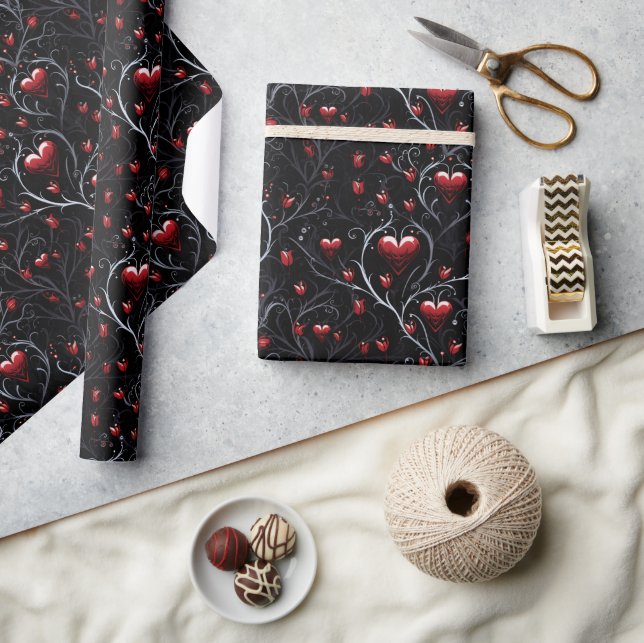 Papel De Presente Corações Vermelhos Cinza Metálico Linhas Finas Gót (Artesanato)
