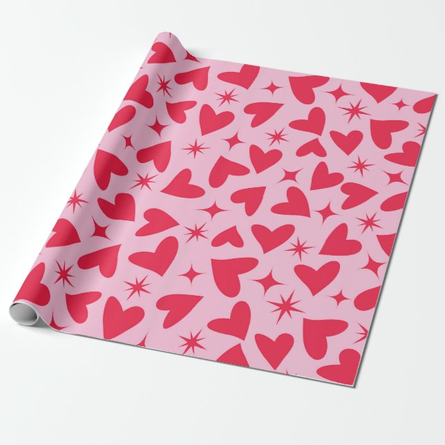 Papel De Presente Corações Vermelhos com Estrelas Explosivas Retro e (Desenrolado)