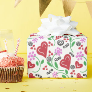 Papel De Presente Corações Vermelhos do Dia dos Namorados Flores Cor
