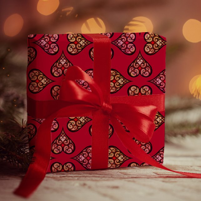 Papel De Presente Corações Vermelhos e Elegantes Boho Corações (Criador carregado)