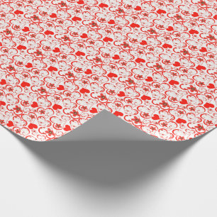 Papel De Presente Corações vermelhos e flores em branco