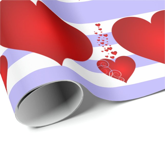 Papel De Presente Corações vermelhos e tiras roxas e brancas (Ponta do rolo)