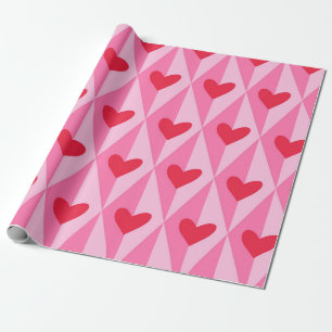 Papel De Presente Corações Vermelhos em Diamantes Rosa Divididos Ret