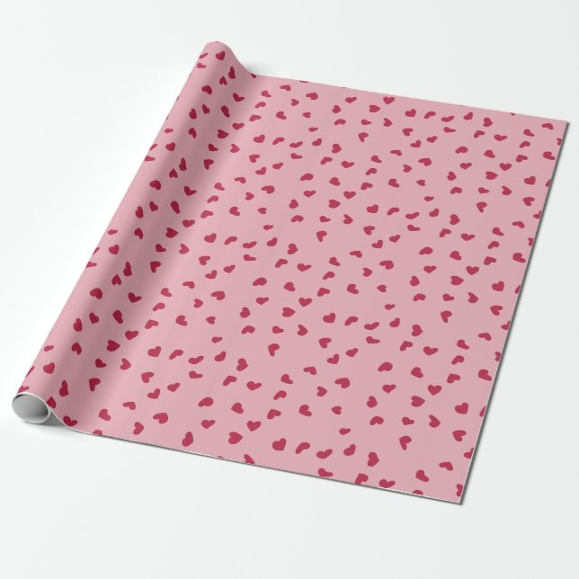 Papel De Presente Corações Vermelhos Espalhados e Fofo em Rosa (Desenrolado)