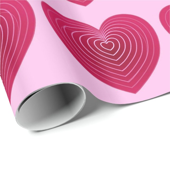 Papel De Presente Corações vermelhos profundos rosa num fundo cor-de (Ponta do rolo)