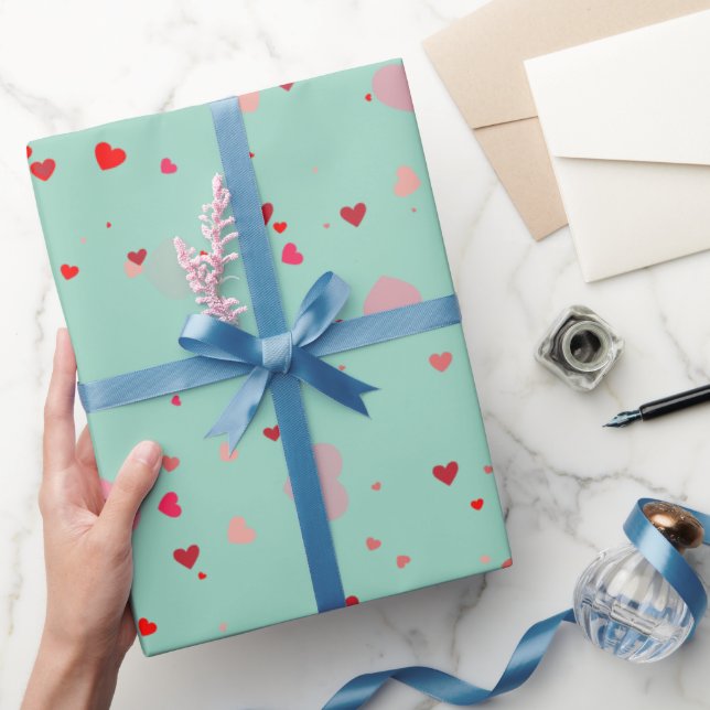 Papel de Presente Corações Vermelhos Verde Menta R (Presentear)