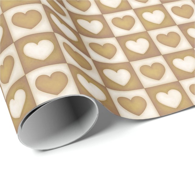 Papel De Presente Corações Xadrez em Creme Loiro (Ponta do rolo)